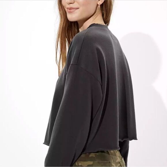 American Eagle Lace Up Fleece Cropped Sweatshirt Charcoal Gray - Picture 4 of 9